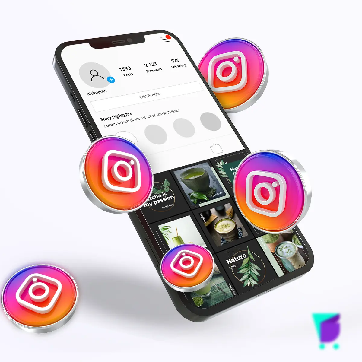 Mockup de perfil do Instagram em celular com feed de posts, representando anúncios de Instagram Ads
